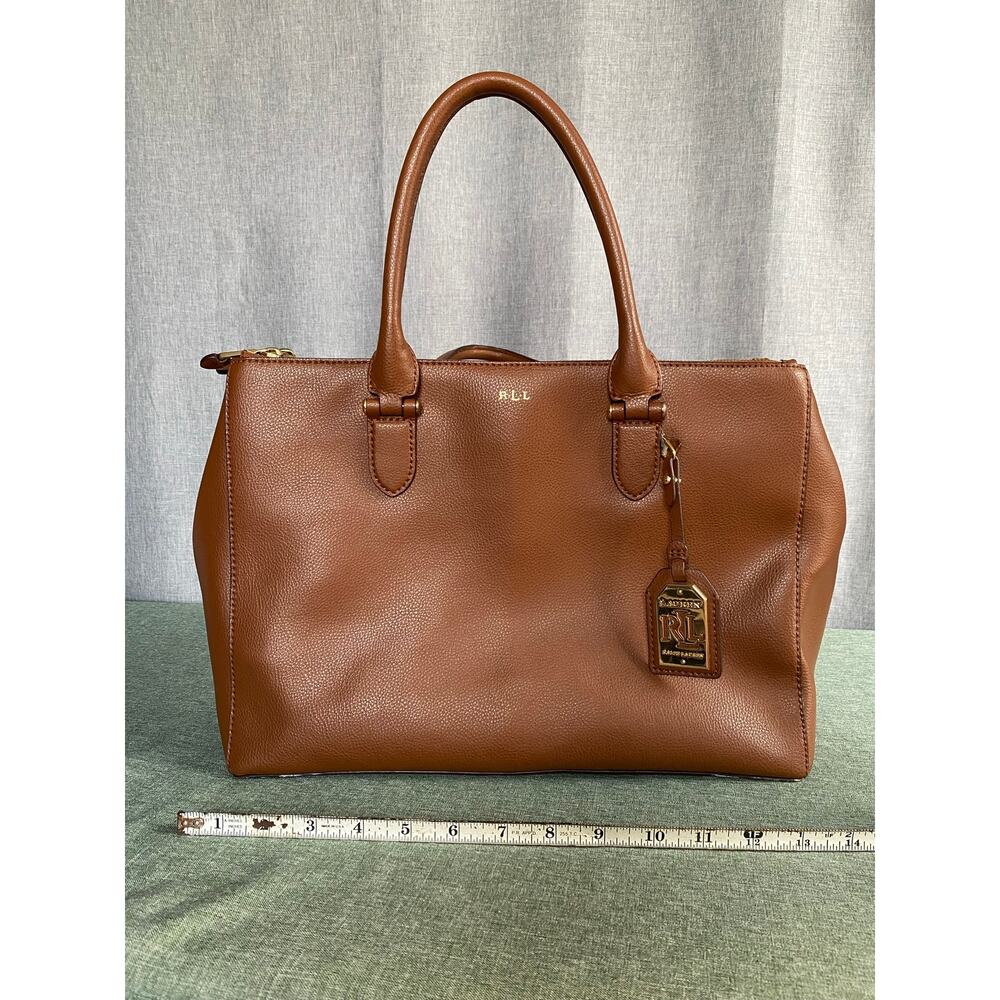 Lauren Ralph Lauren Cognac Brown Pebbled Leather Satchel Tote Bag (As-Is) - Picture 8 of 9